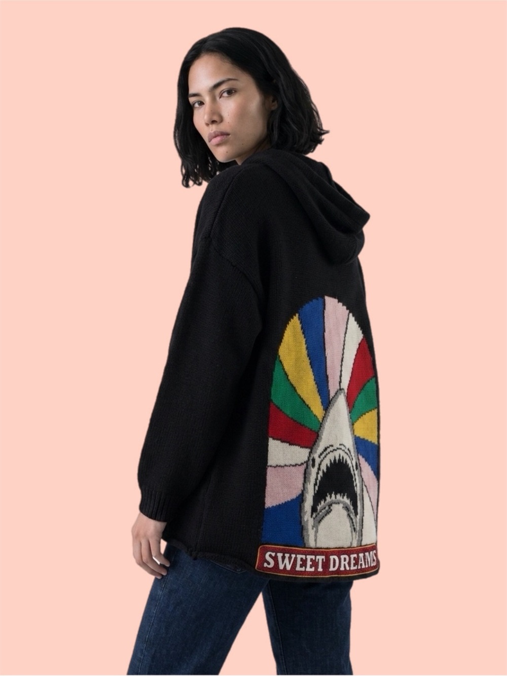 Saint Laurent Paris Sweet Dreams Shark Knit Hoodie Black Multicolor